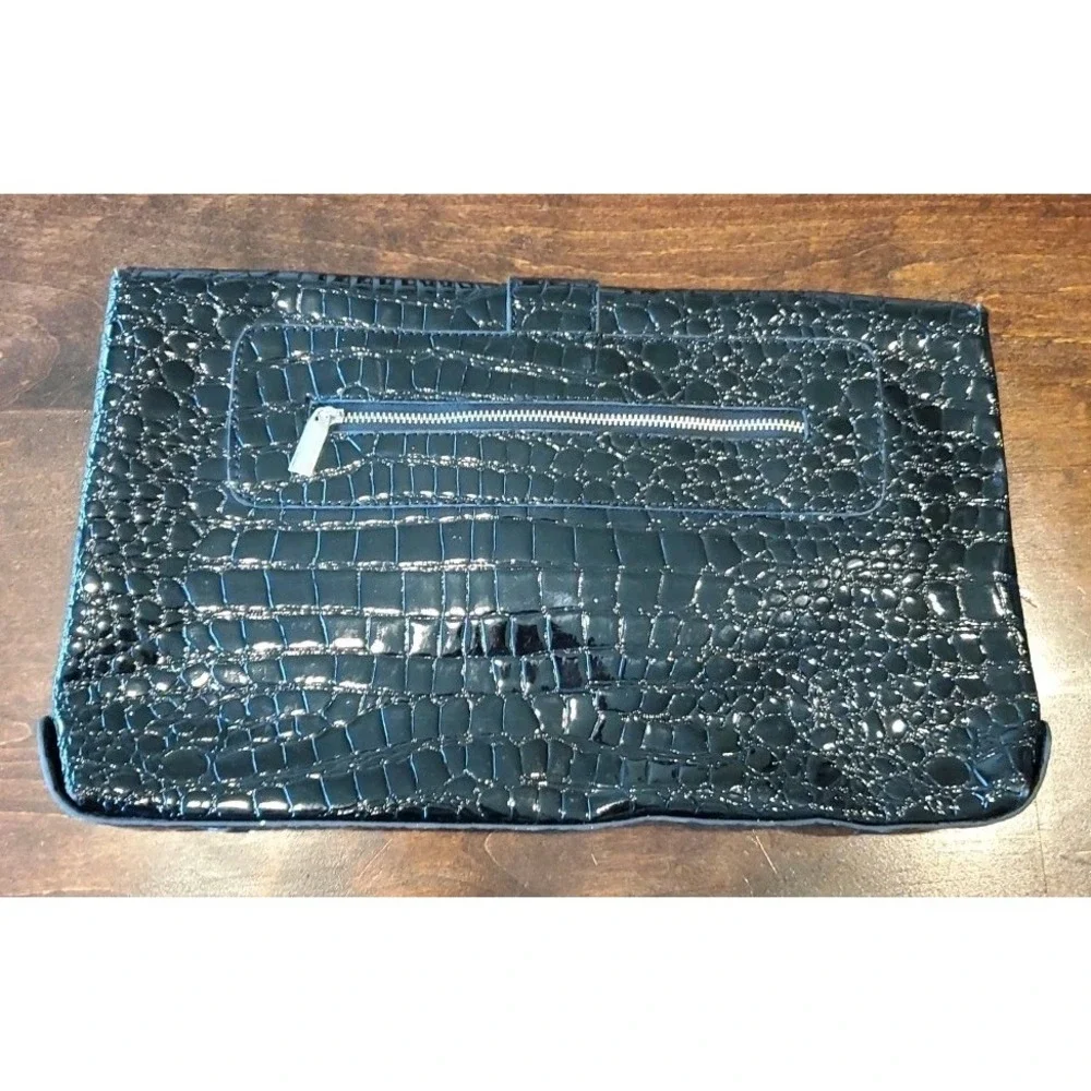White House Black Market Black Croc Purse Clutch Handbag Silver Buckle Large